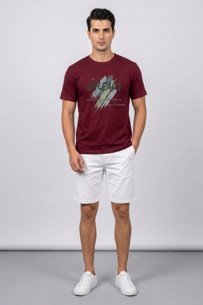 Attire Hub Mens Pure Cotton Maroon The Dream Printed Round T-Shirt