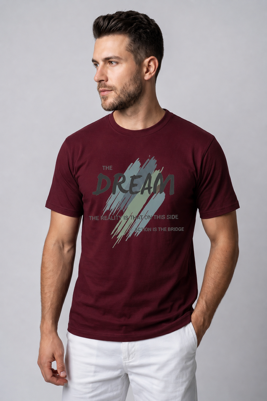 Attire Hub Mens Pure Cotton Maroon The Dream Printed Round T-Shirt