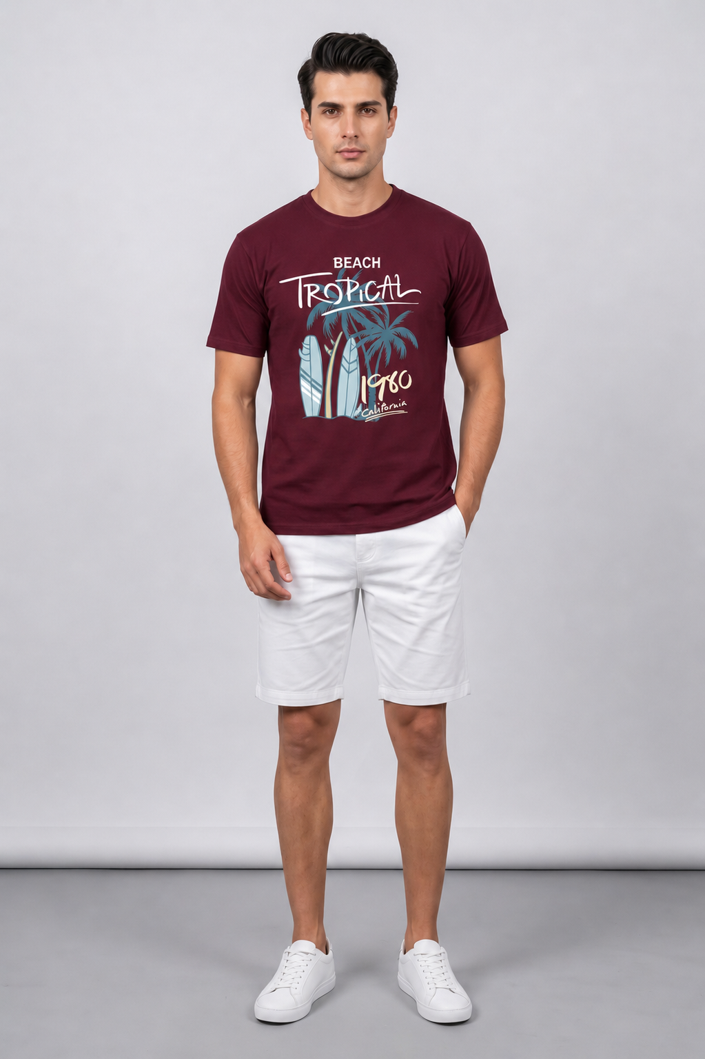 Attire Hub Mens Pure Cotton Maroon Beach Tropical Printed Round T-Shirt