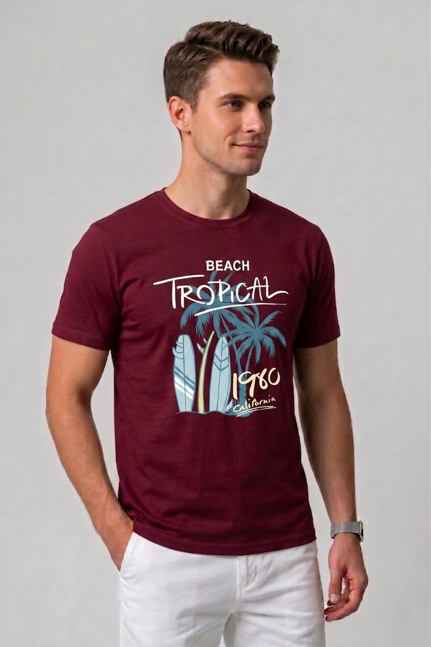 Attire Hub Mens Pure Cotton Maroon Beach Tropical Printed Round T-Shirt