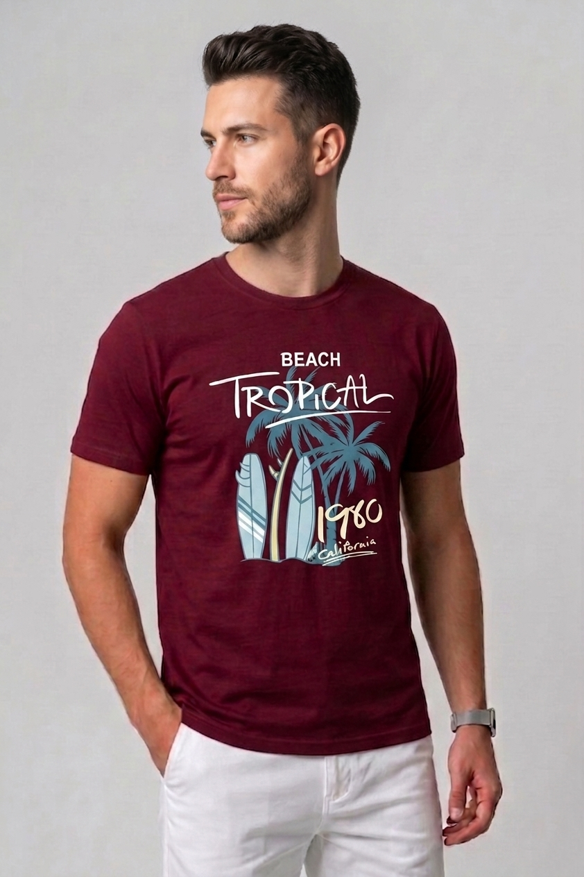 Attire Hub Mens Pure Cotton Maroon Beach Tropical Printed Round T-Shirt