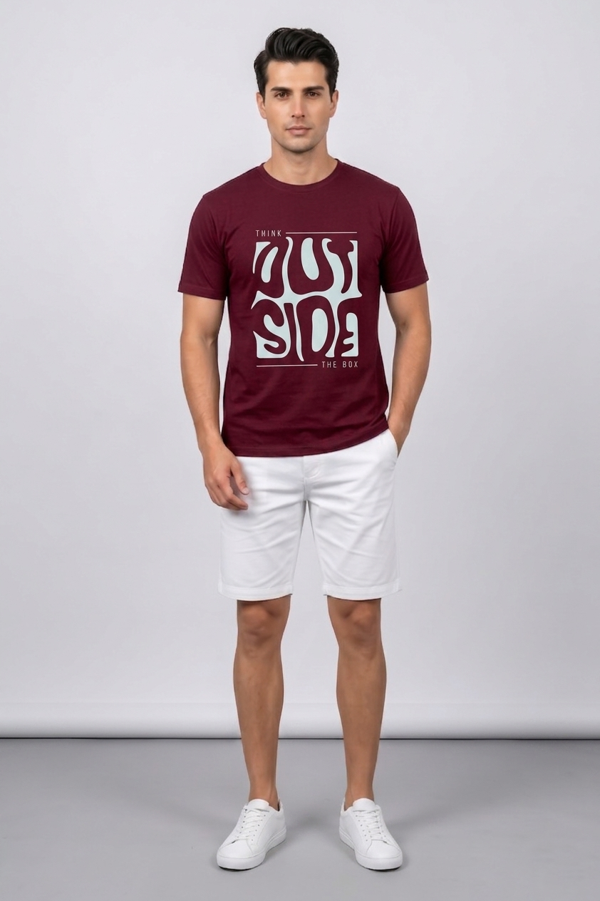 Attire Hub Mens Pure Cotton Maroon Outside Printed Round T-Shirt