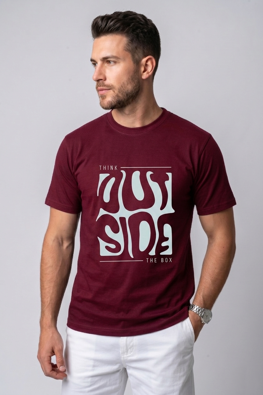 Attire Hub Mens Pure Cotton Maroon Outside Printed Round T-Shirt