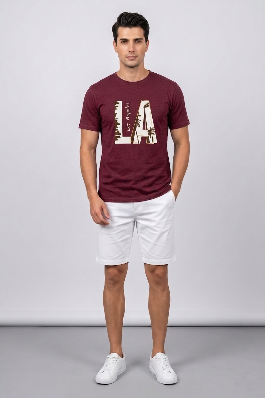 Attire Hub Mens Pure Cotton Maroon Los Angeles Printed Round T-Shirt