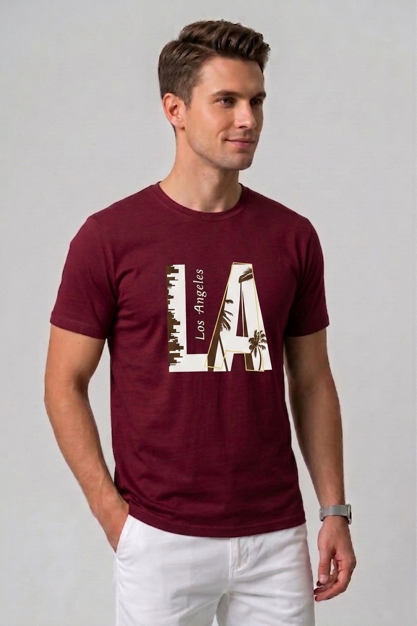 Attire Hub Mens Pure Cotton Maroon Los Angeles Printed Round T-Shirt