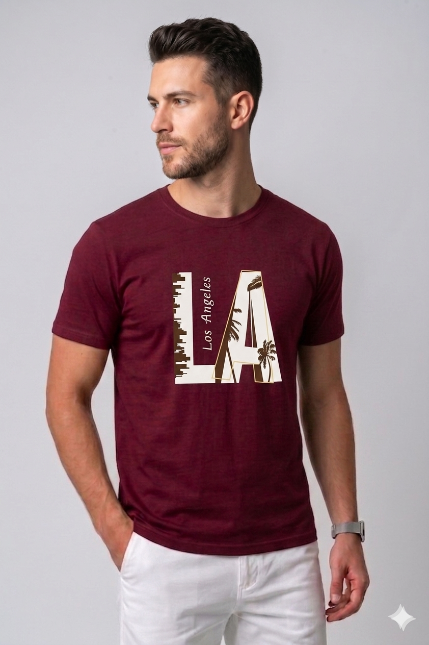 Attire Hub Mens Pure Cotton Maroon Los Angeles Printed Round T-Shirt