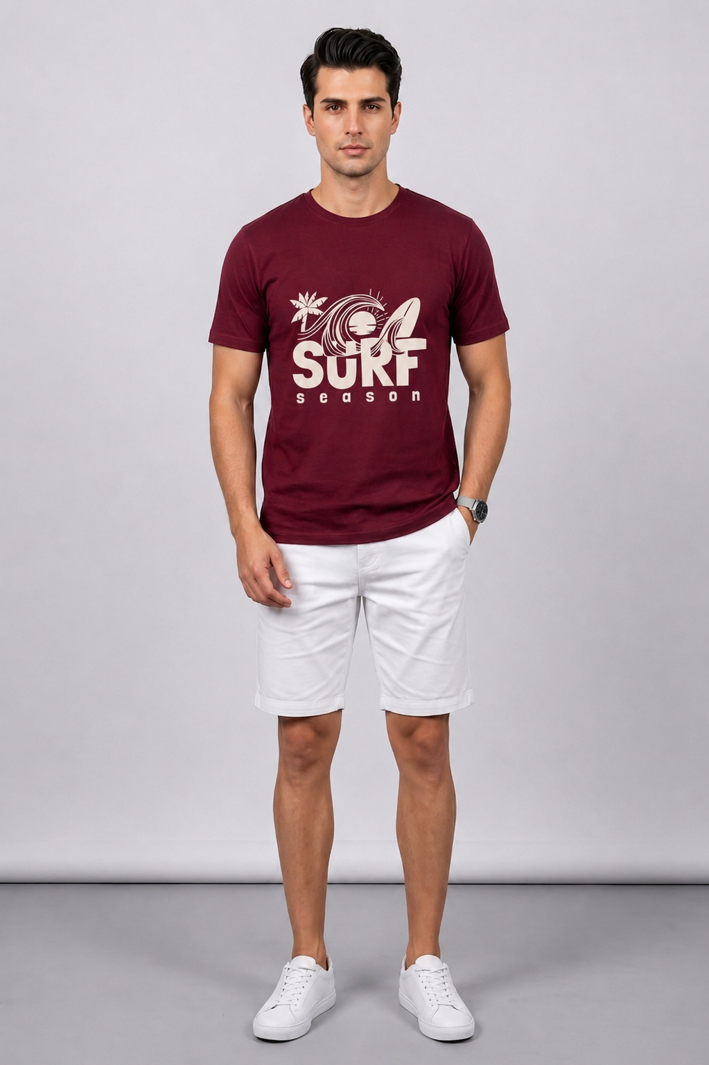 Attire Hub Mens Pure Cotton Maroon Surf Season Printed Round T-Shirt