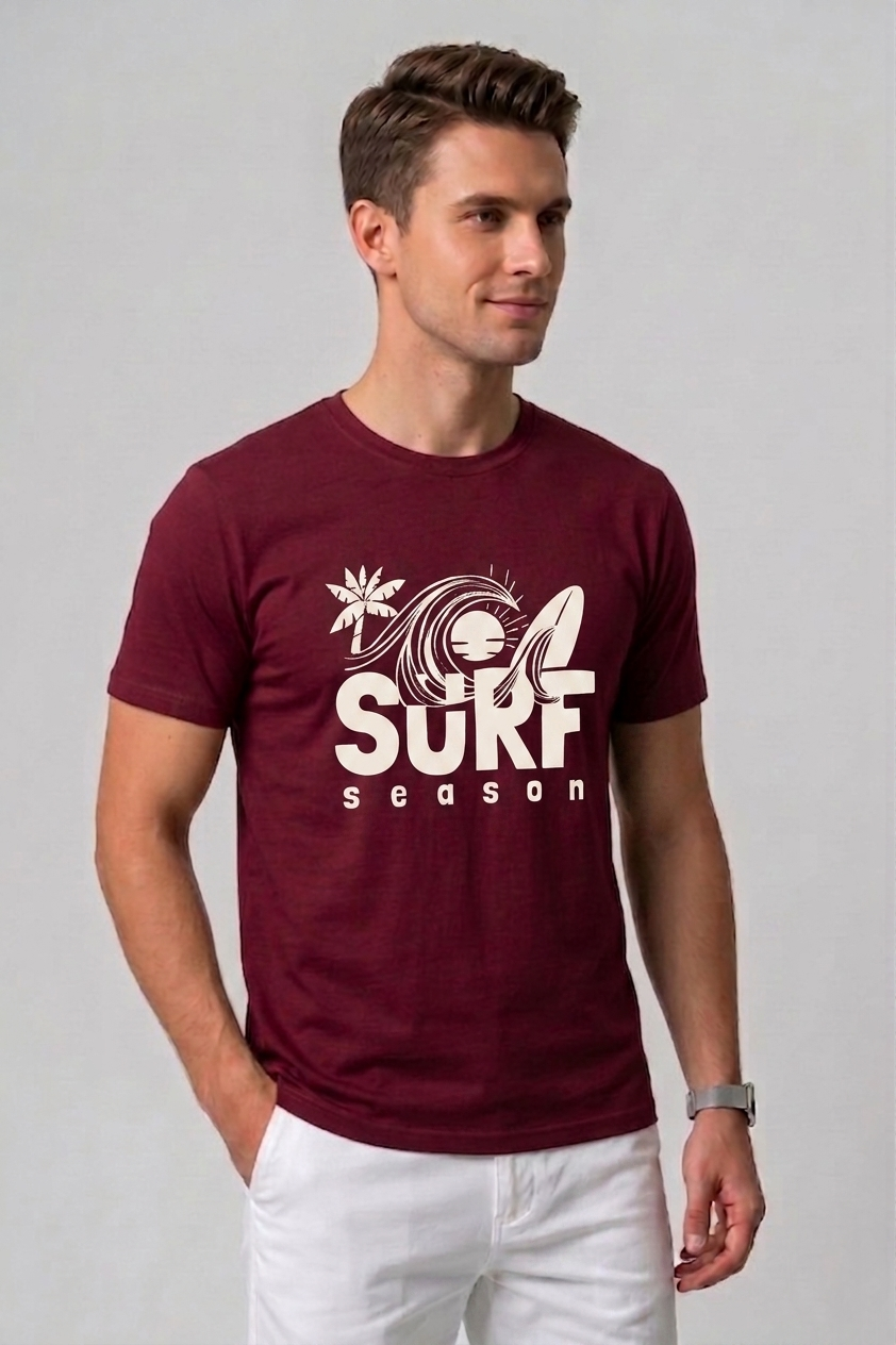 Attire Hub Mens Pure Cotton Maroon Surf Season Printed Round T-Shirt