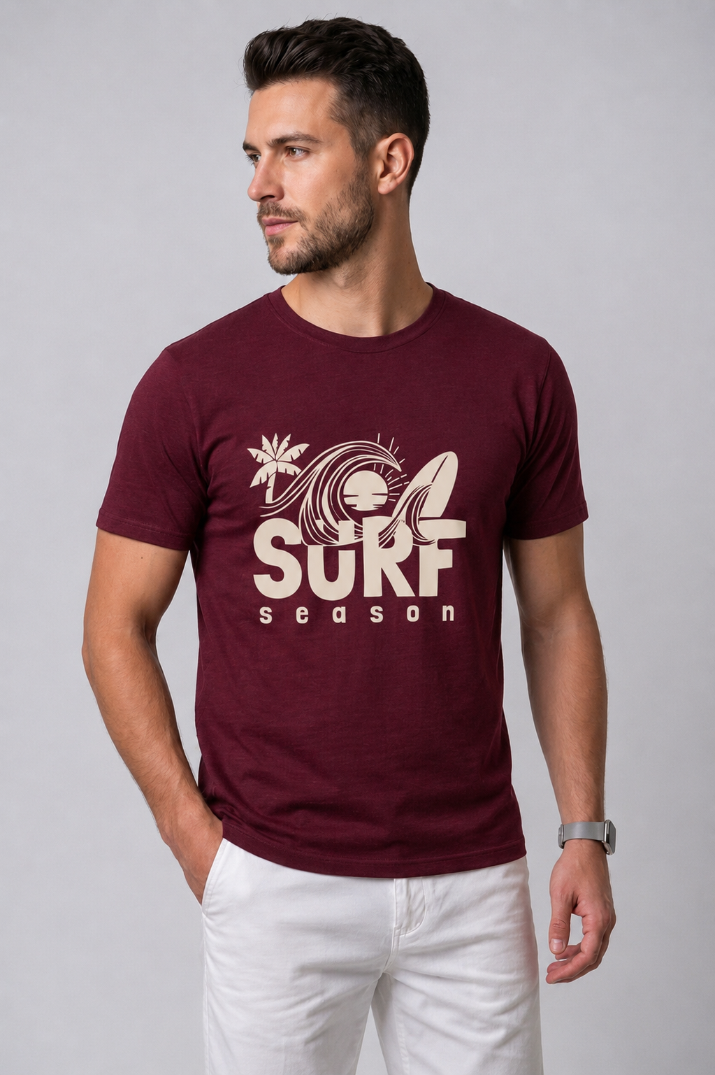 Attire Hub Mens Pure Cotton Maroon Surf Season Printed Round T-Shirt