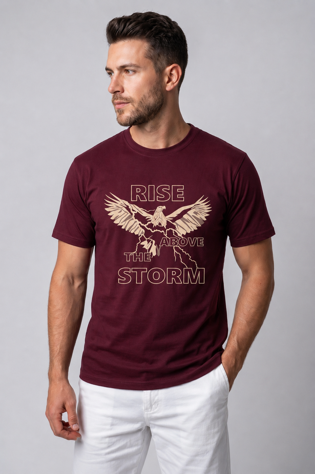 Attire Hub Mens Pure Cotton Maroon Rise Storm Printed Round T-Shirt