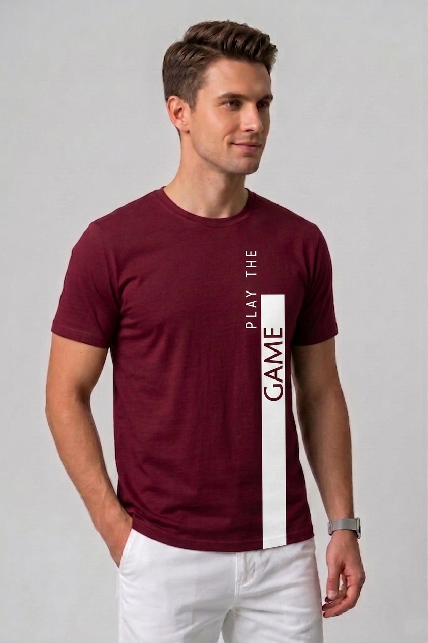 Attire Hub Mens Pure Cotton Maroon Play The Game Printed Round T-Shirt
