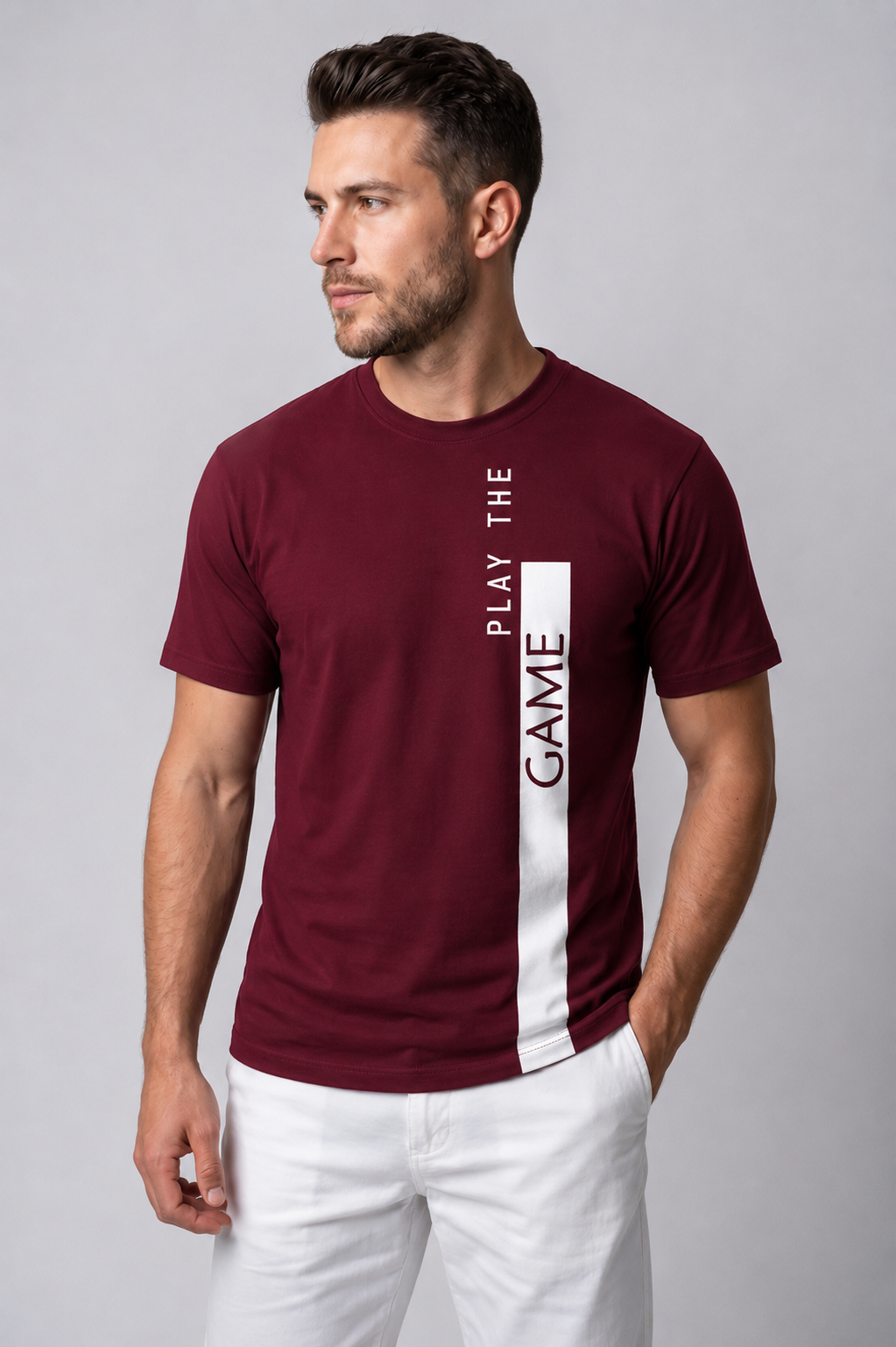 Attire Hub Mens Pure Cotton Maroon Play The Game Printed Round T-Shirt