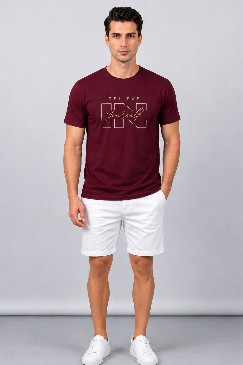 Attire Hub Mens Pure Cotton Maroon Believe In Yourself Printed Round T-Shirt
