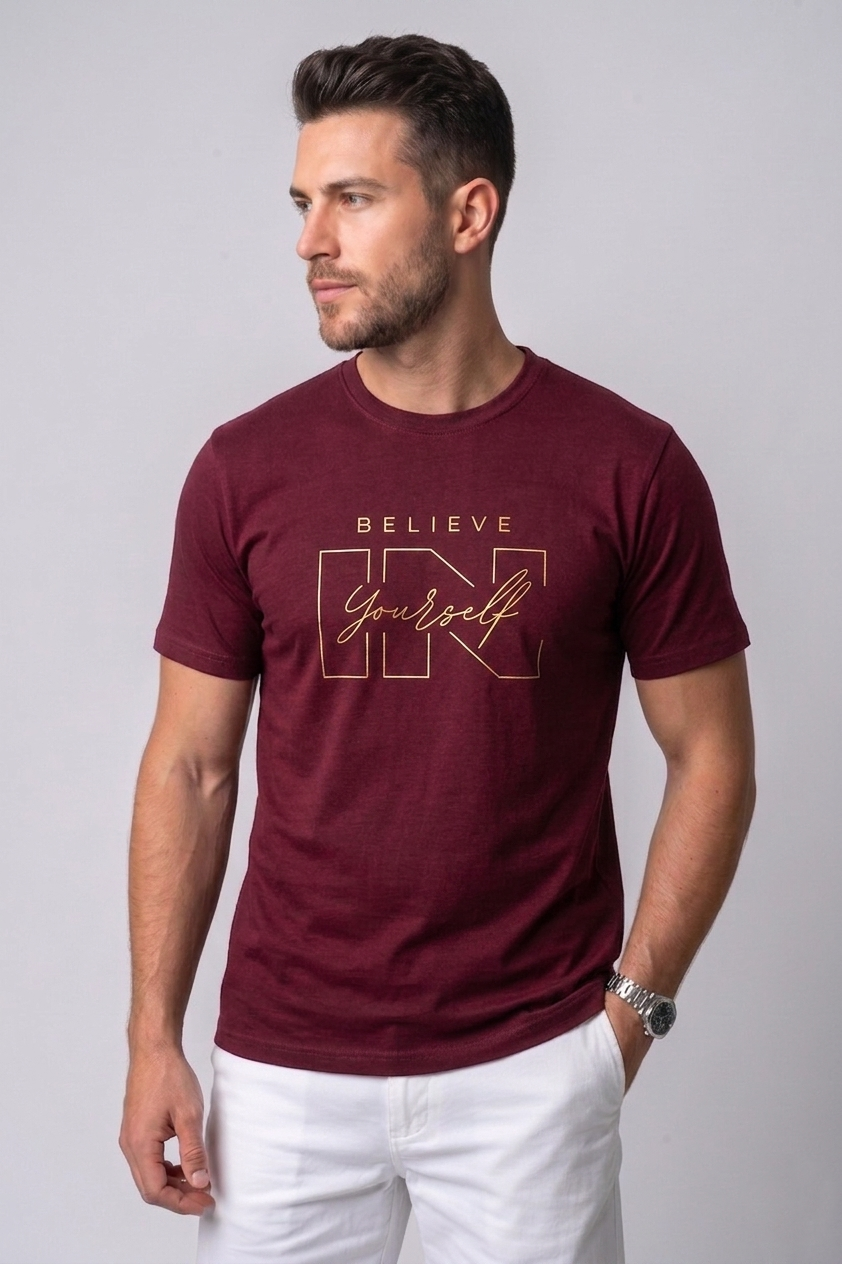 Attire Hub Mens Pure Cotton Maroon Believe In Yourself Printed Round T-Shirt
