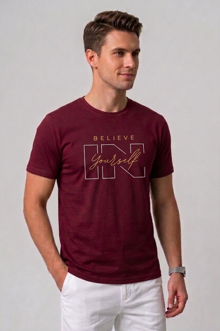 Attire Hub Mens Pure Cotton Maroon Believe In Yourself Printed Round T-Shirt