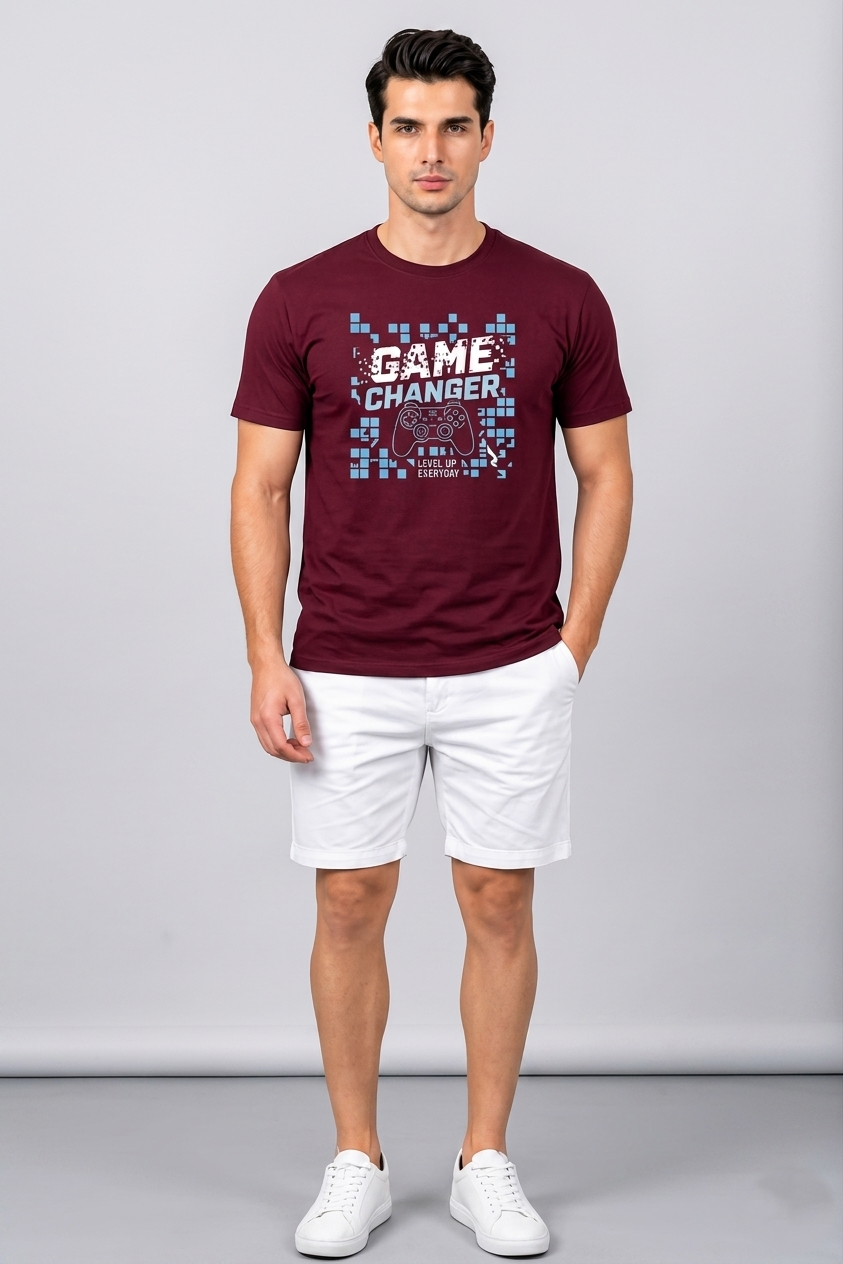 Attire Hub Mens Pure Cotton Maroon Game Changer Printed Round T-Shirt