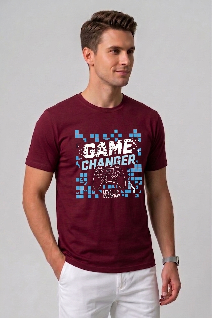 Attire Hub Mens Pure Cotton Maroon Game Changer Printed Round T-Shirt
