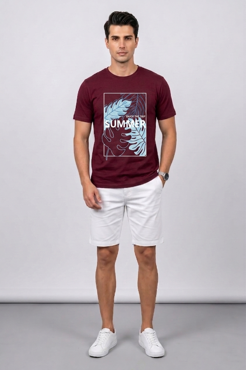 Attire Hub Mens Pure Cotton Maroon Enjoy The Summer Printed Round T-Shirt