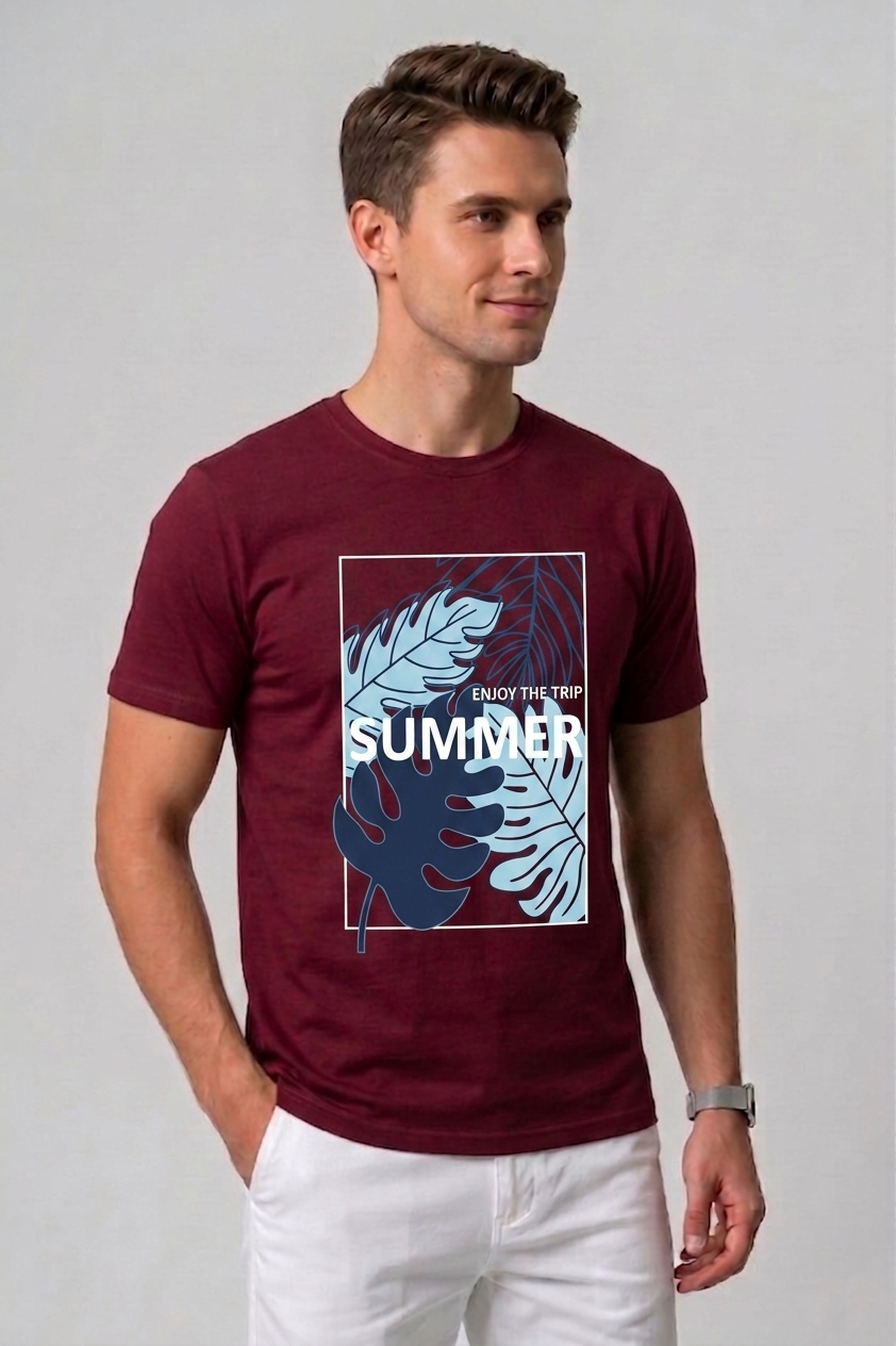 Attire Hub Mens Pure Cotton Maroon Enjoy The Summer Printed Round T-Shirt