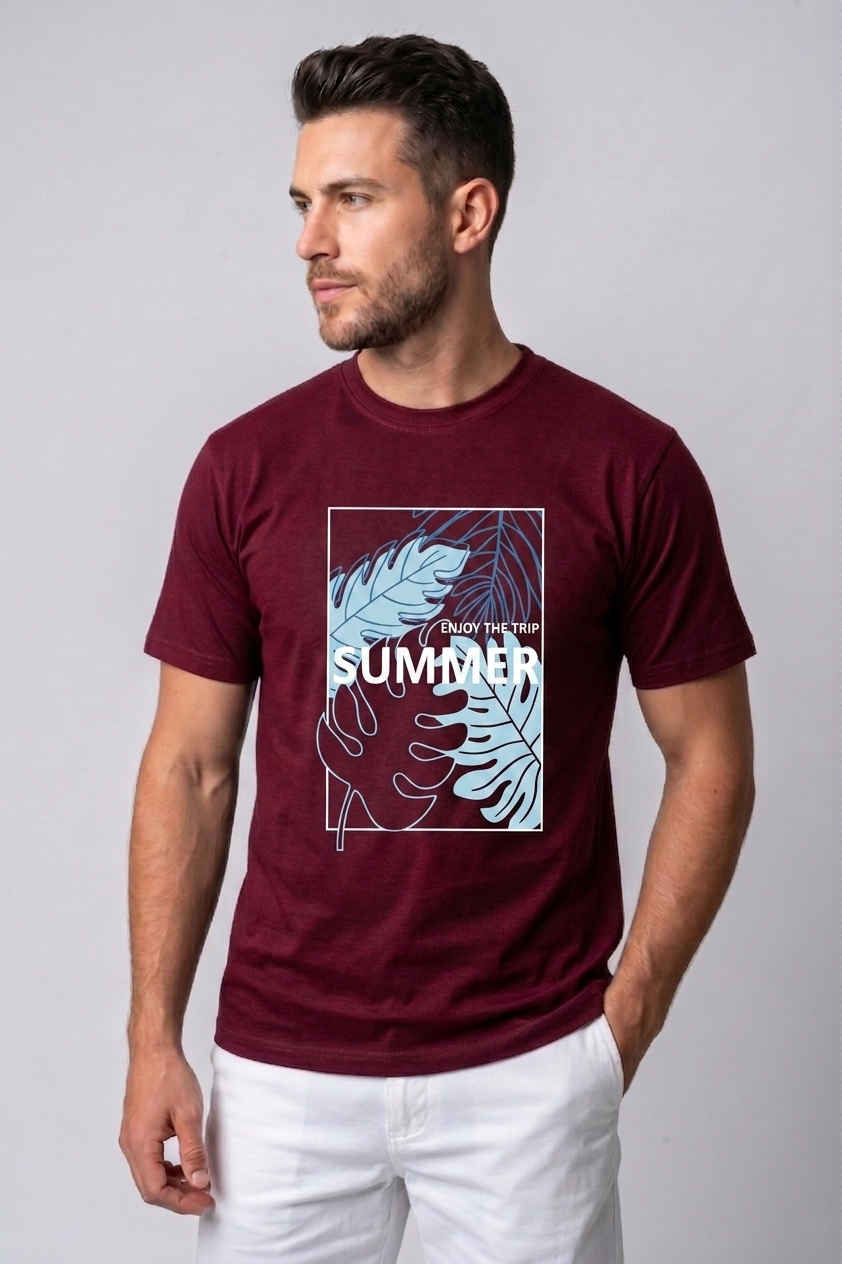 Attire Hub Mens Pure Cotton Maroon Enjoy The Summer Printed Round T-Shirt