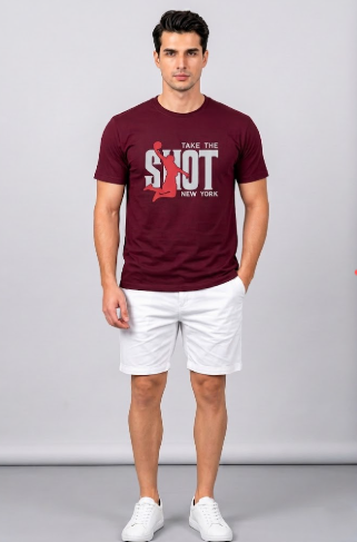 Attire Hub Mens Pure Cotton Maroon Take The Shot Printed Round T-Shirt