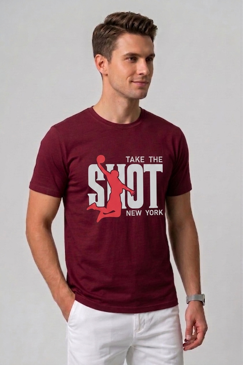 Attire Hub Mens Pure Cotton Maroon Take The Shot Printed Round T-Shirt
