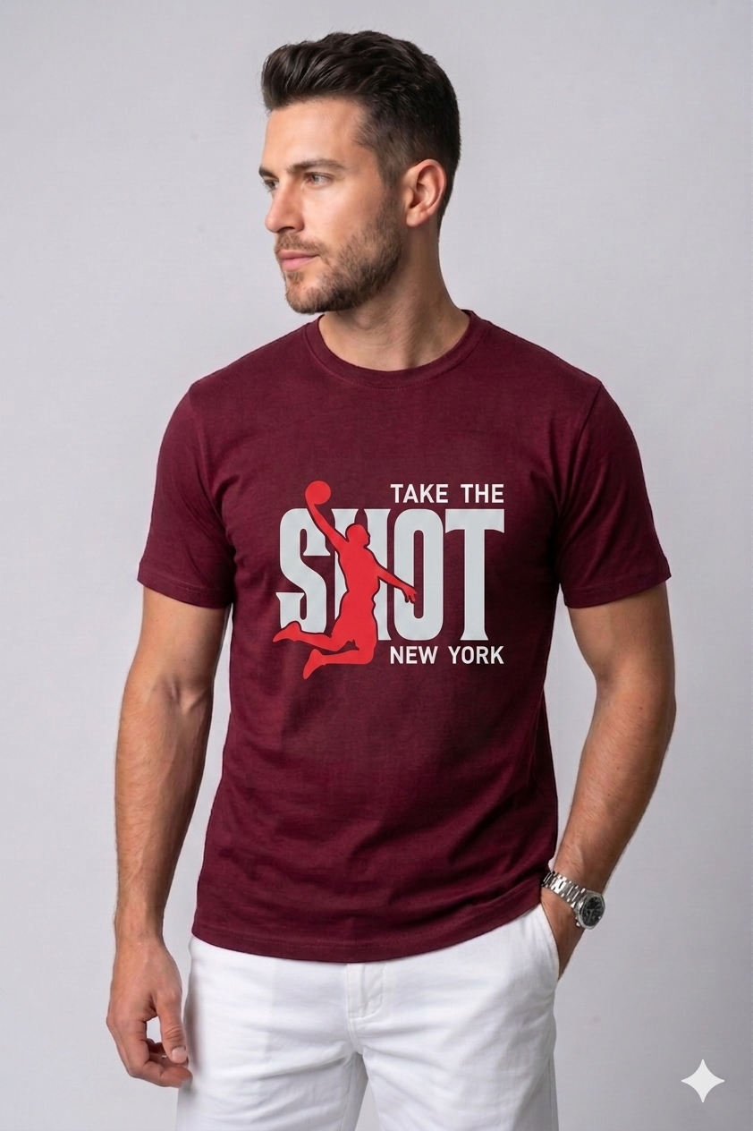 Attire Hub Mens Pure Cotton Maroon Take The Shot Printed Round T-Shirt