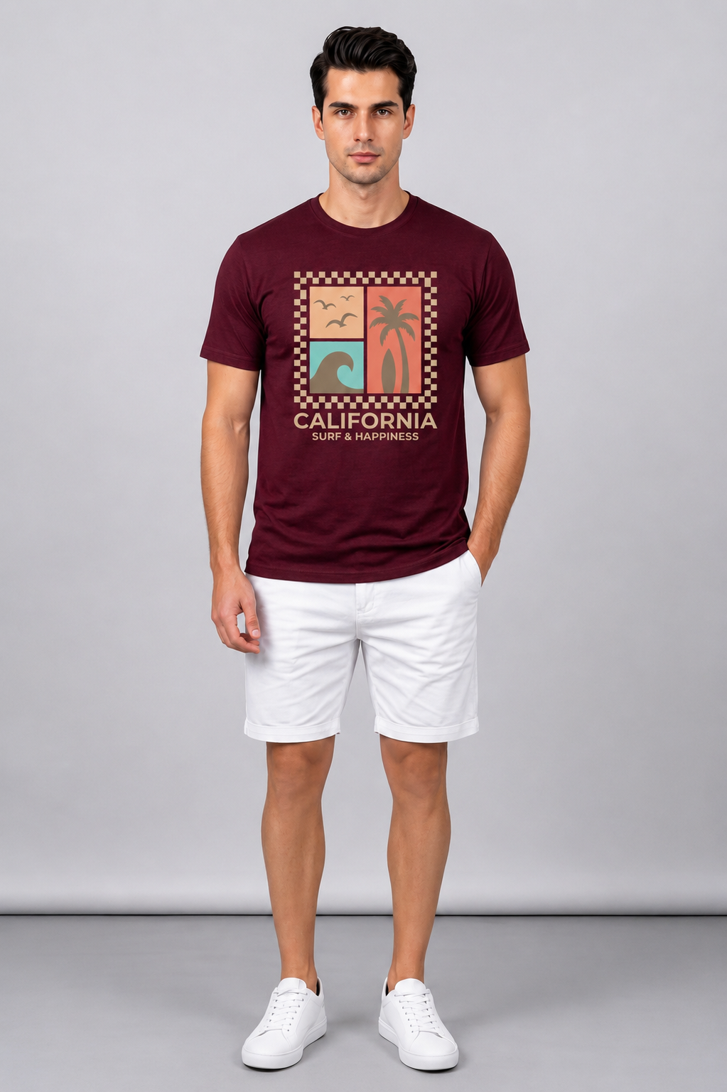 Attire Hub Mens Pure Cotton Maroon Long California Printed Round T-Shirt