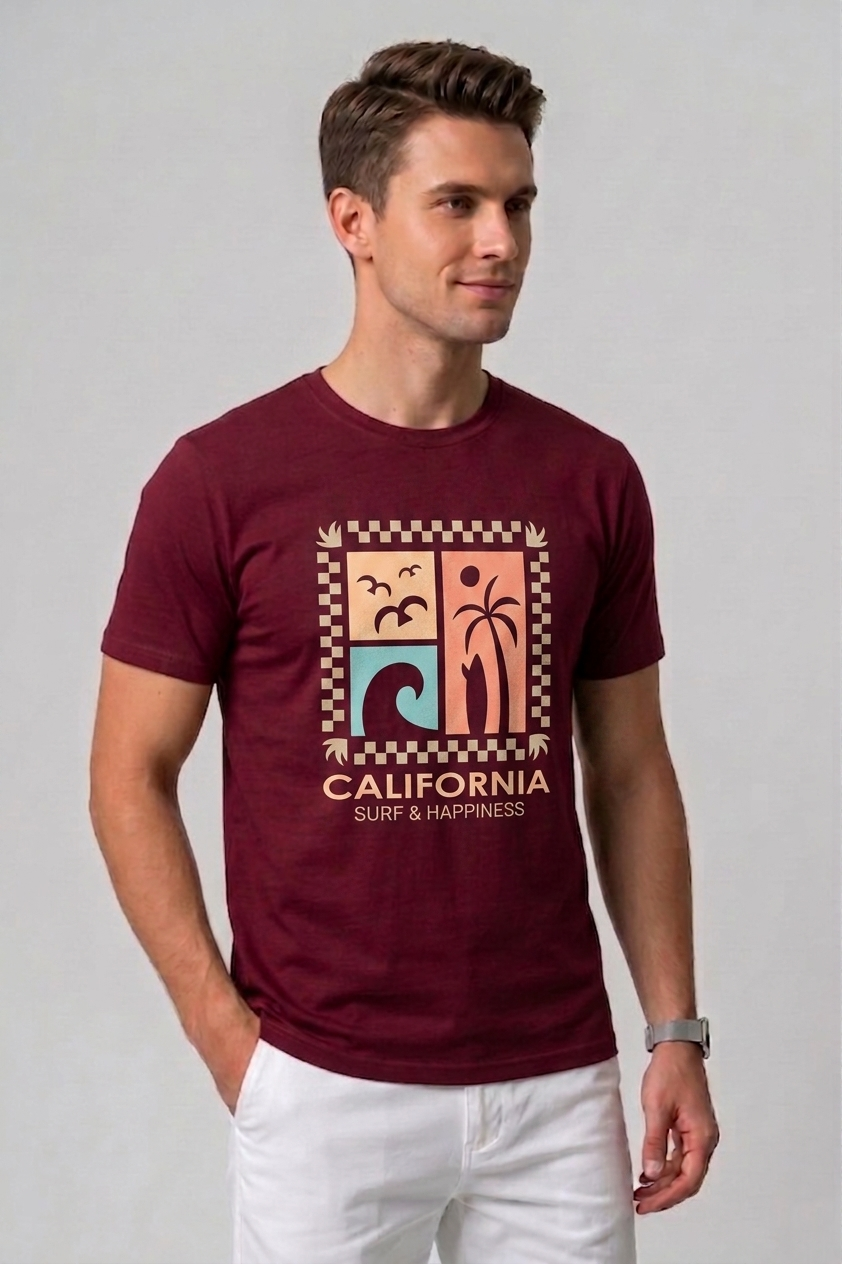 Attire Hub Mens Pure Cotton Maroon Long California Printed Round T-Shirt