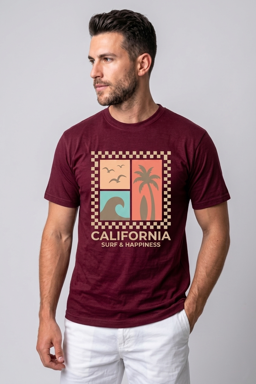 Attire Hub Mens Pure Cotton Maroon Long California Printed Round T-Shirt