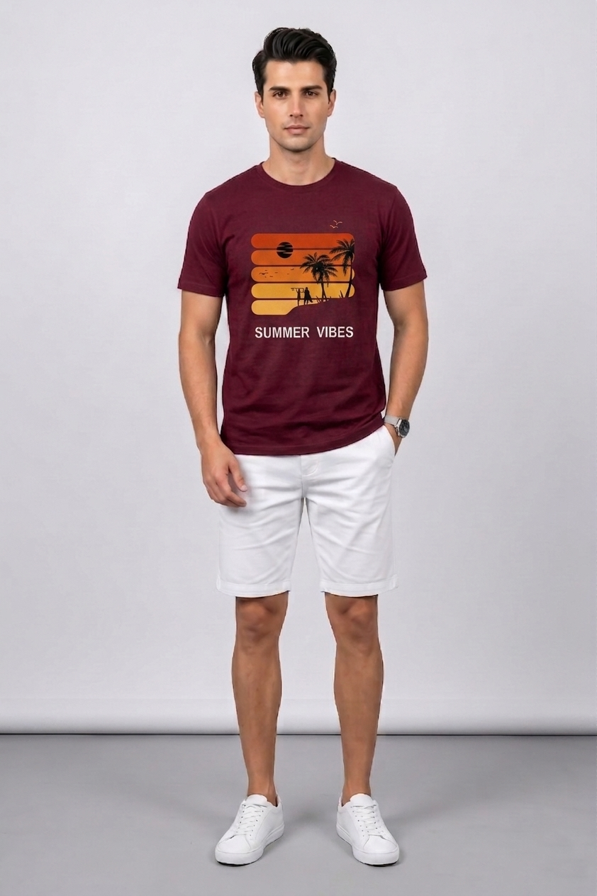 Attire Hub Mens Pure Cotton Maroon Sunset Summer Vibes Printed Round T-Shirt