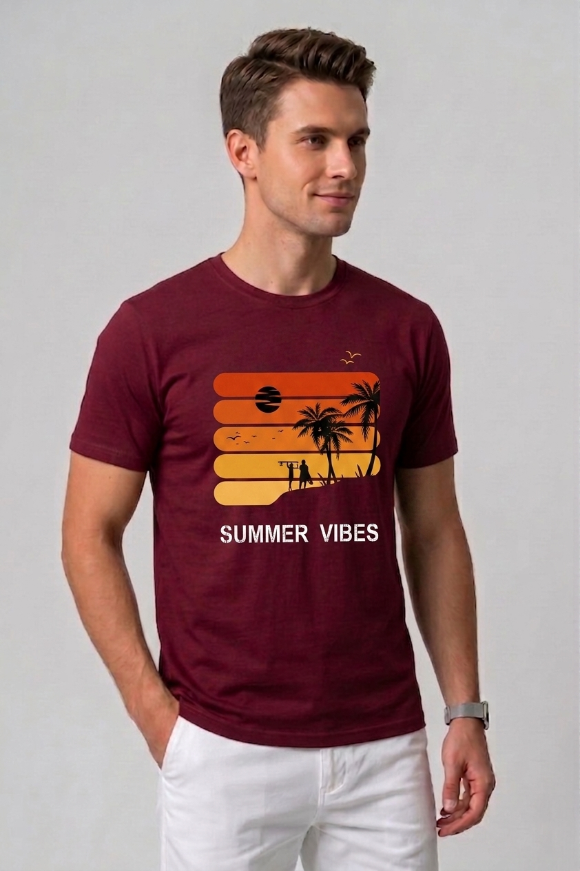 Attire Hub Mens Pure Cotton Maroon Sunset Summer Vibes Printed Round T-Shirt