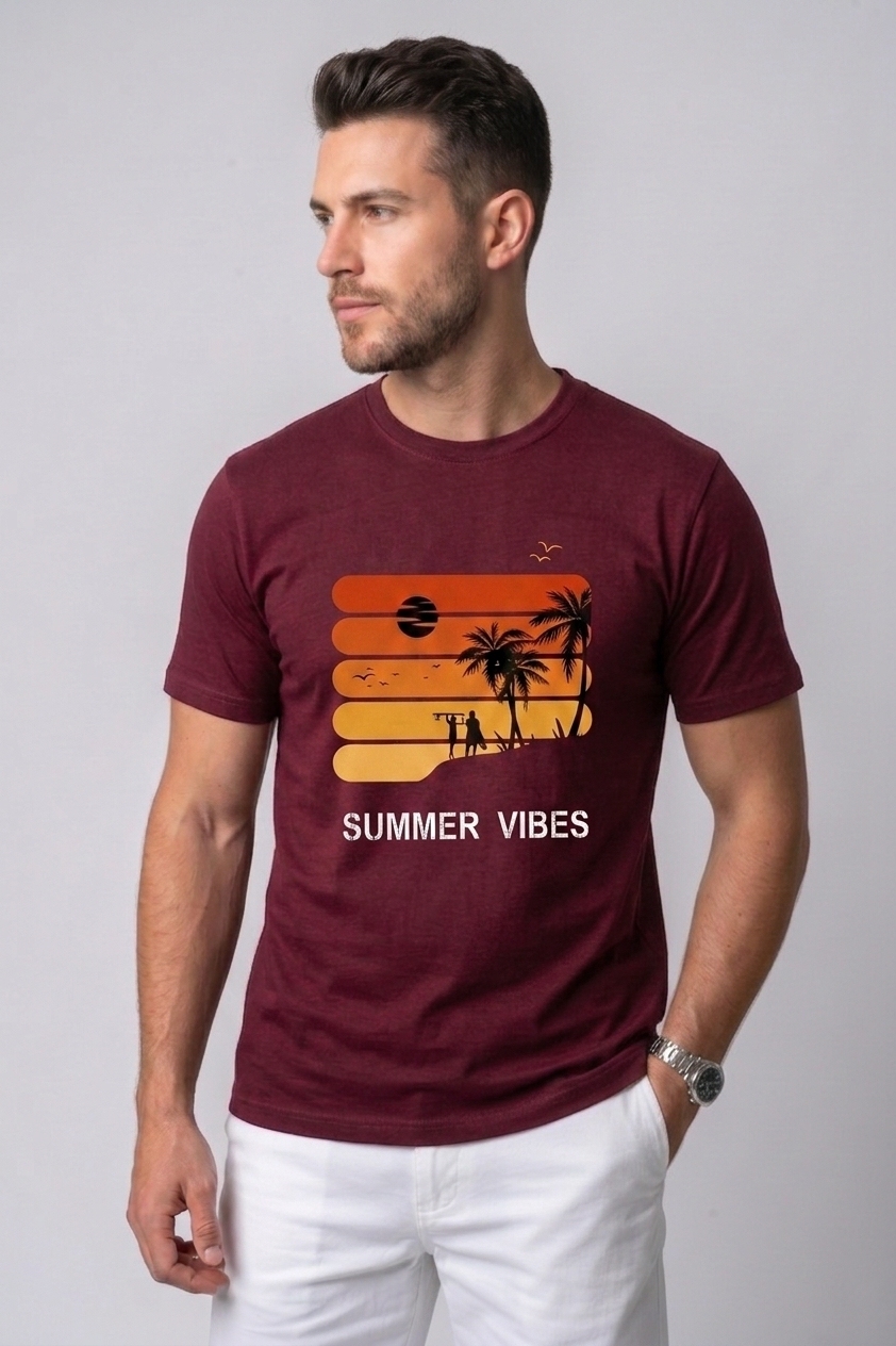 Attire Hub Mens Pure Cotton Maroon Sunset Summer Vibes Printed Round T-Shirt