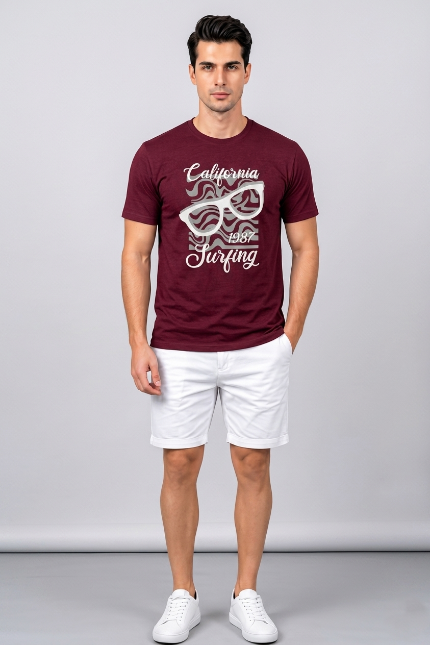 Attire Hub Mens Pure Cotton Maroon California 1987 Printed Round T-Shirt