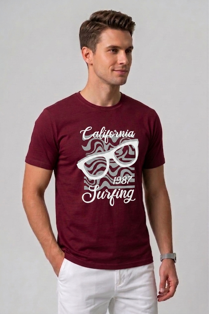 Attire Hub Mens Pure Cotton Maroon California 1987 Printed Round T-Shirt