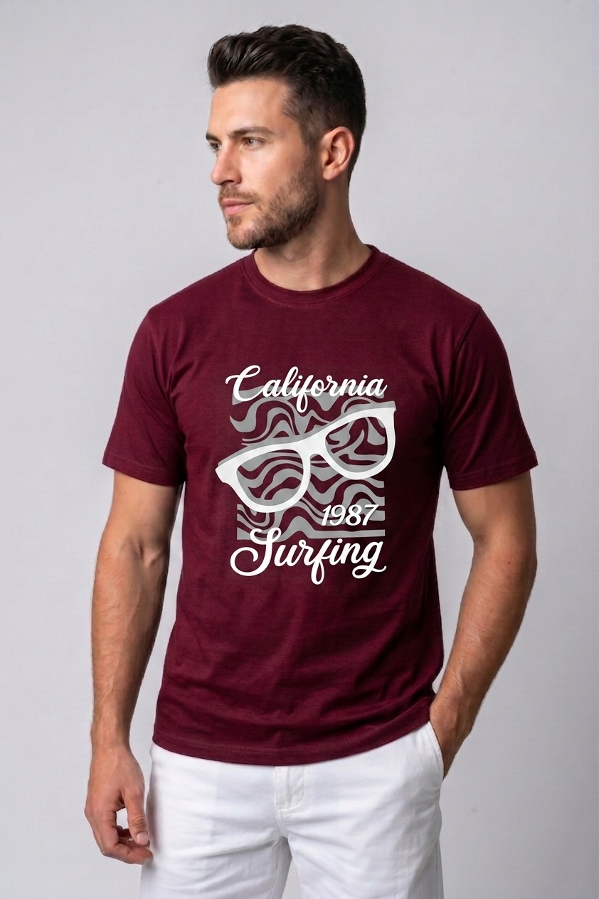 Attire Hub Mens Pure Cotton Maroon California 1987 Printed Round T-Shirt
