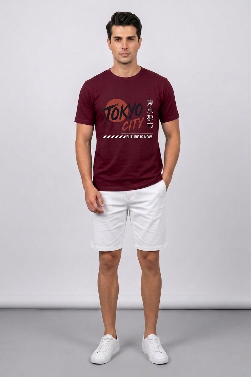 Attire Hub Mens Pure Cotton Maroon Tokyo City Printed Round T-Shirt
