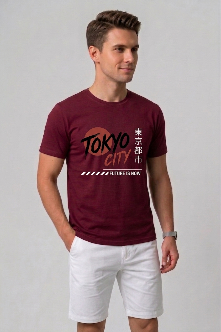 Attire Hub Mens Pure Cotton Maroon Tokyo City Printed Round T-Shirt