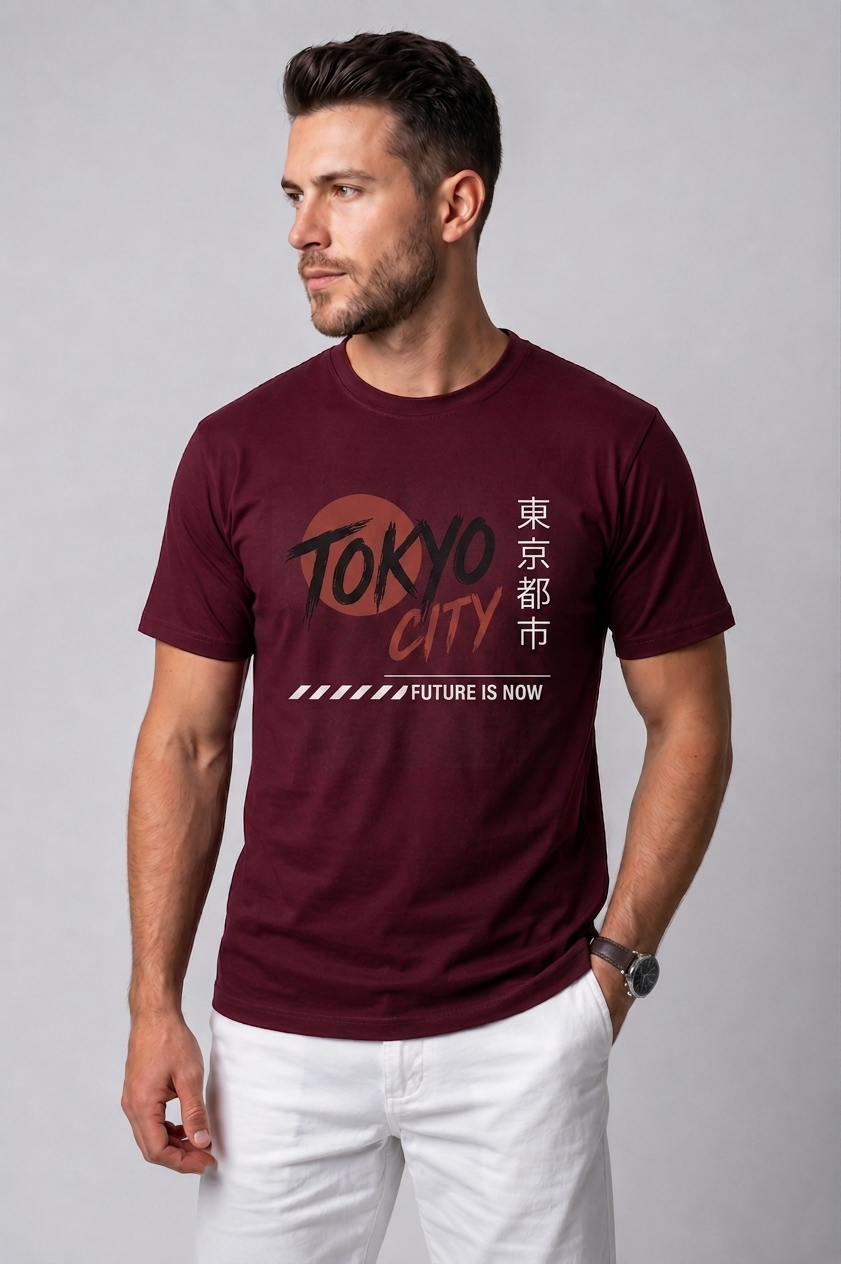 Attire Hub Mens Pure Cotton Maroon Tokyo City Printed Round T-Shirt
