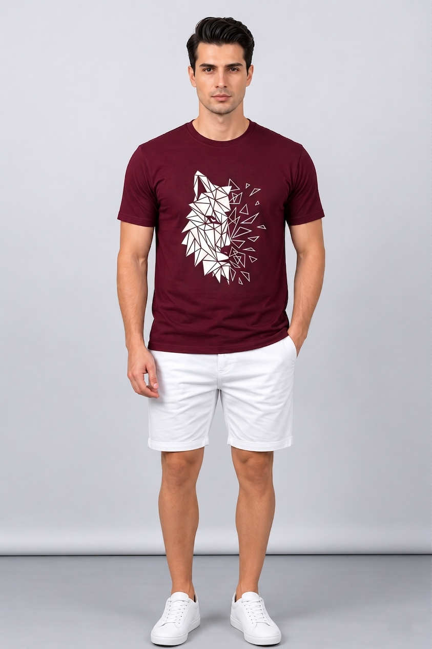 Attire Hub Mens Pure Cotton Maroon Geomatric Wolf Printed Round T-Shirt
