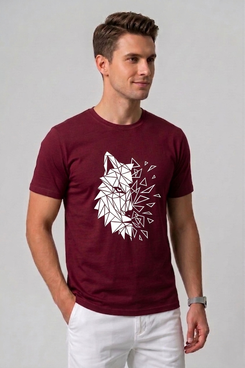 Attire Hub Mens Pure Cotton Maroon Geomatric Wolf Printed Round T-Shirt