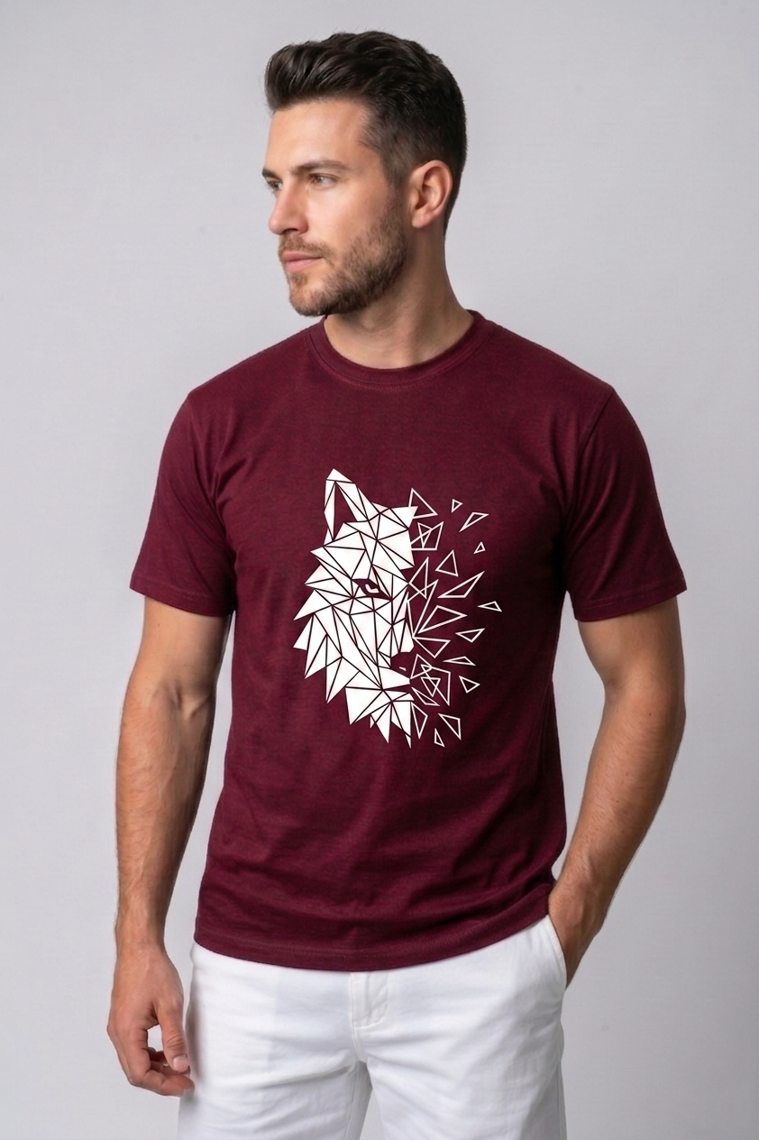 Attire Hub Mens Pure Cotton Maroon Geomatric Wolf Printed Round T-Shirt
