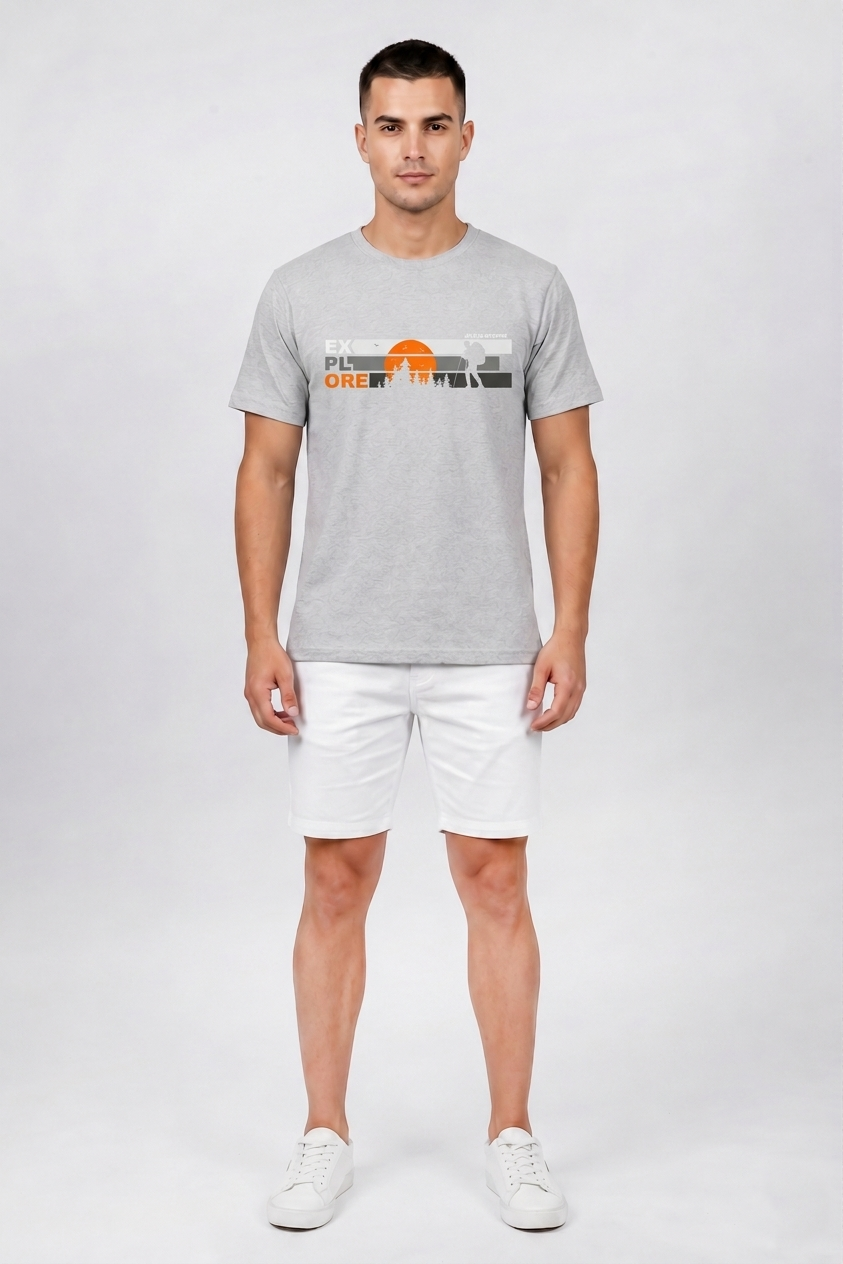 Attire Hub Mens Pure Cotton Grey Explore Printed Round T-Shirt