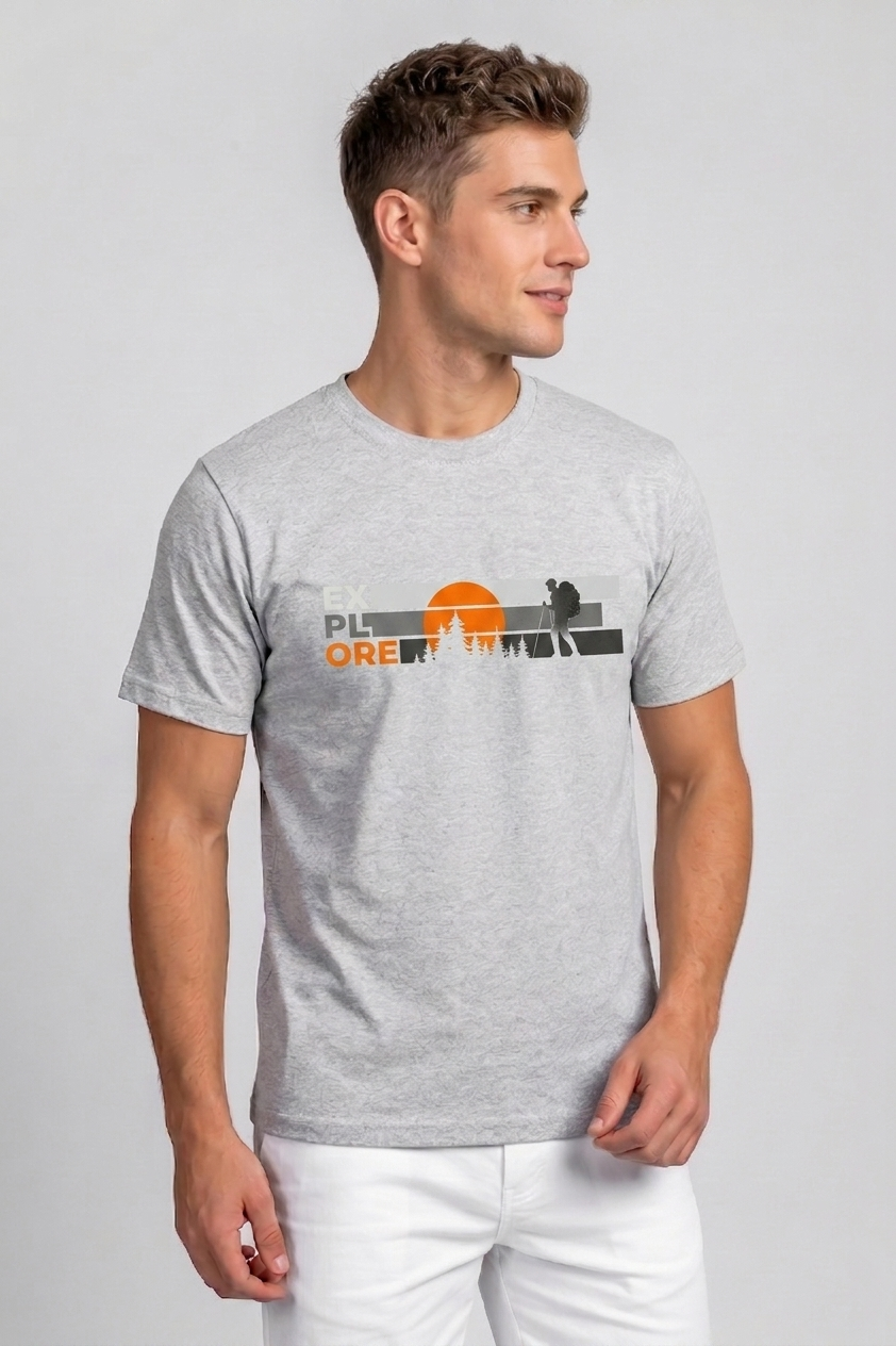 Attire Hub Mens Pure Cotton Grey Explore Printed Round T-Shirt