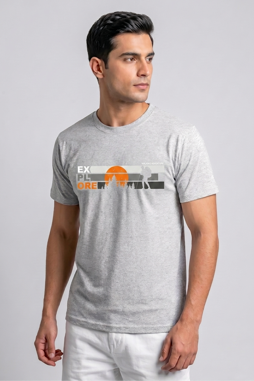 Attire Hub Mens Pure Cotton Grey Explore Printed Round T-Shirt