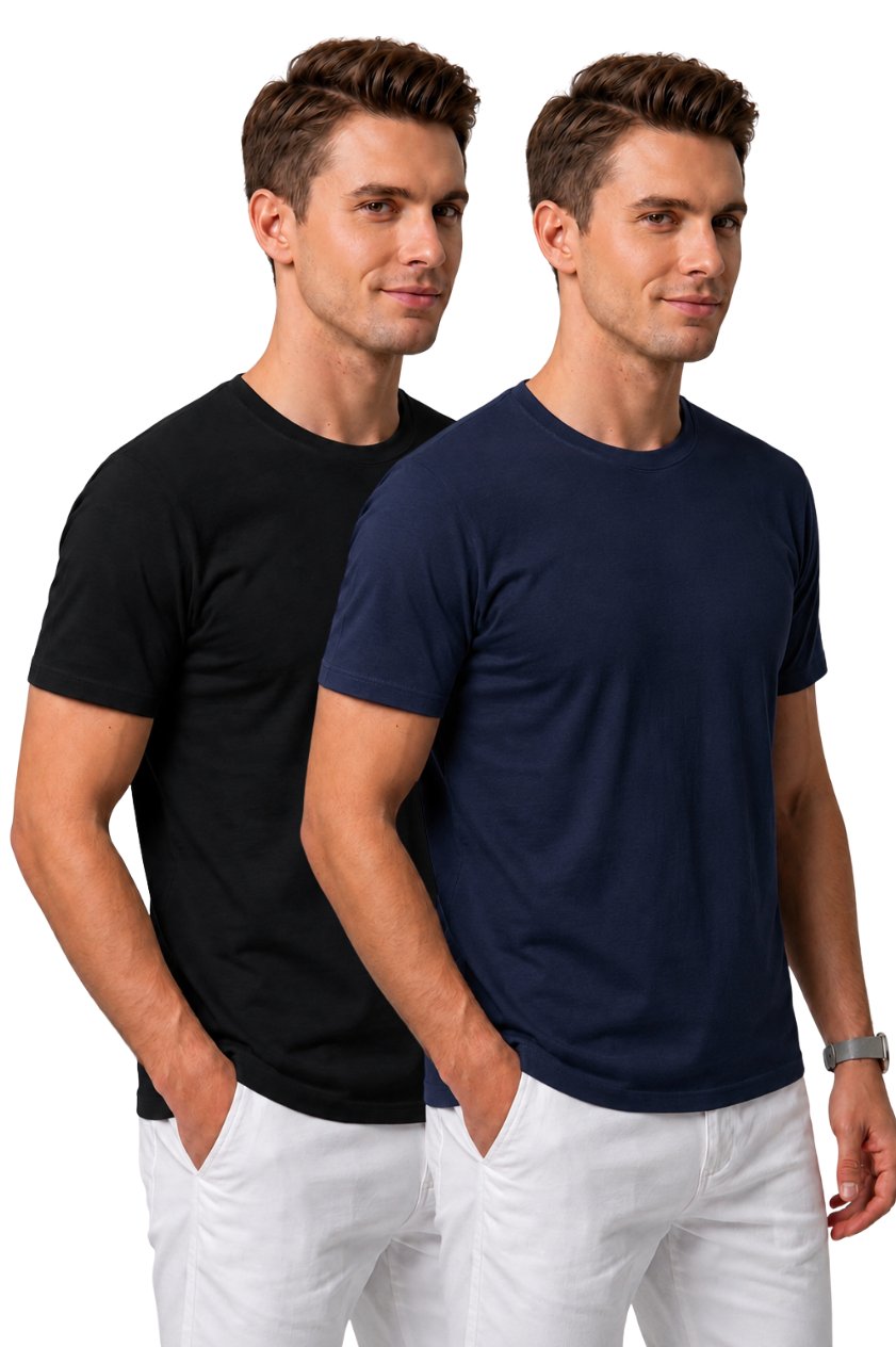 Attire Hub Mens Pure Cotton Multi Pack Solid Round T-Shirt (Pack of 2)