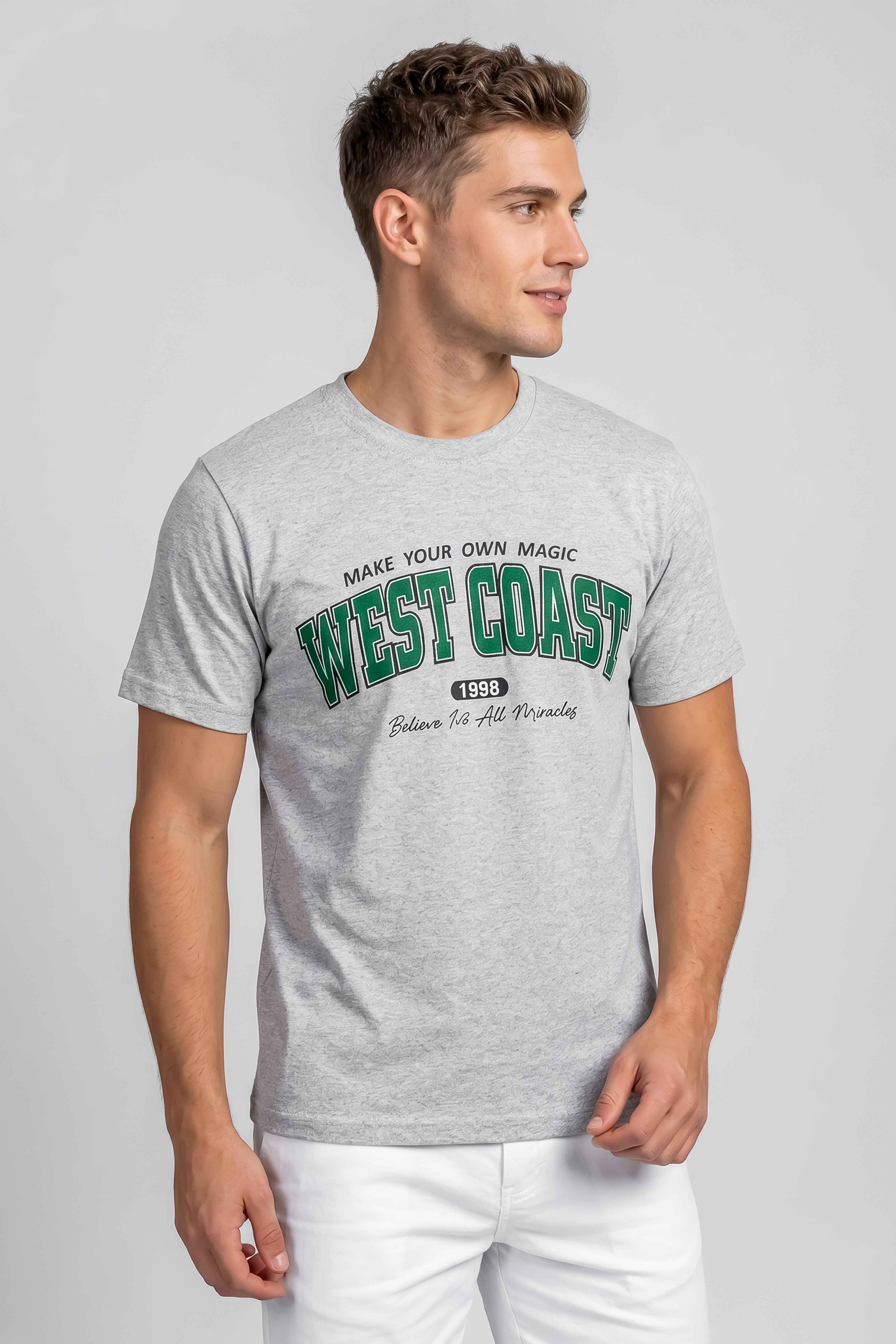 Attire Hub Mens Pure Cotton Grey West Coast Printed Round T-Shirt