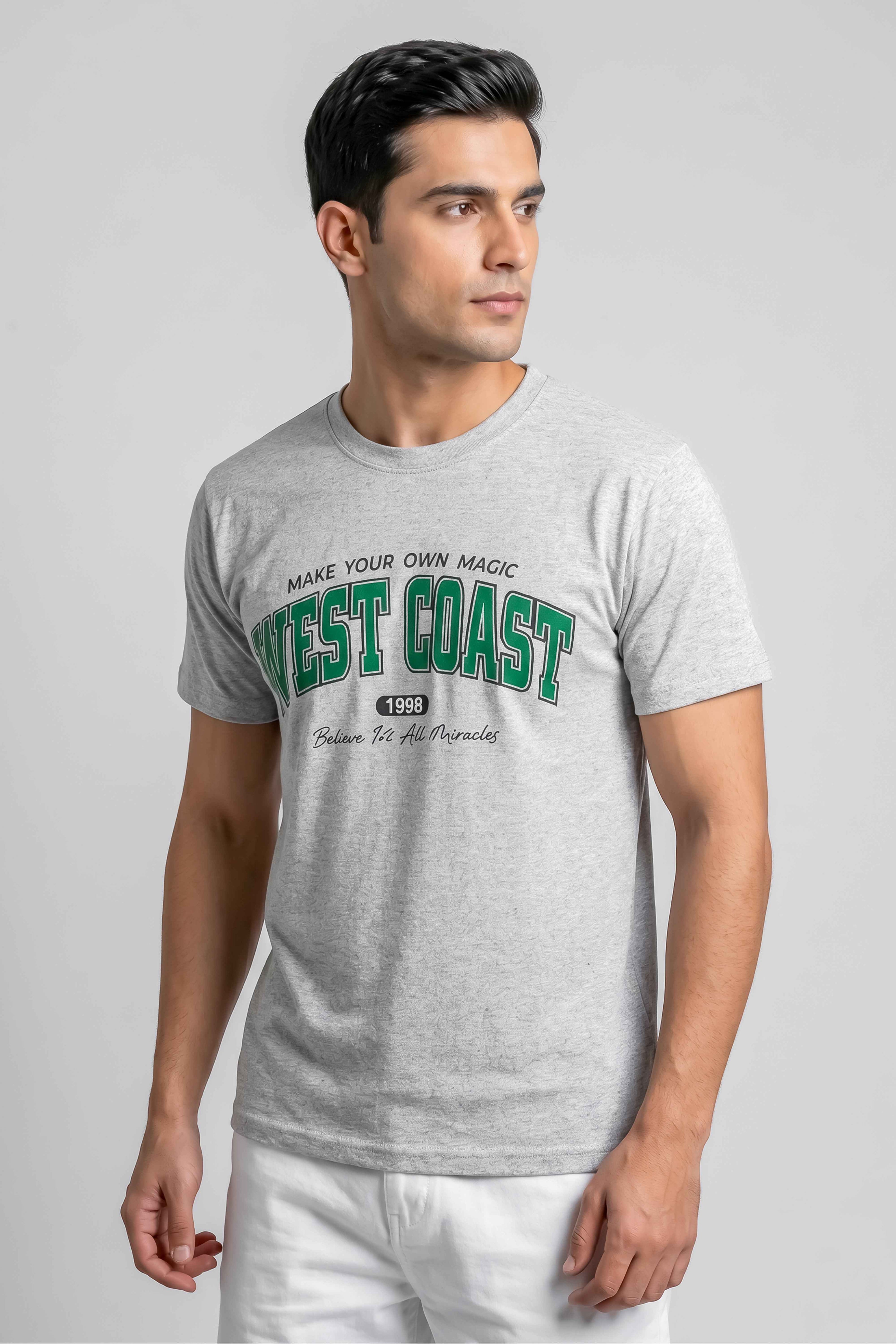Attire Hub Mens Pure Cotton Grey West Coast Printed Round T-Shirt