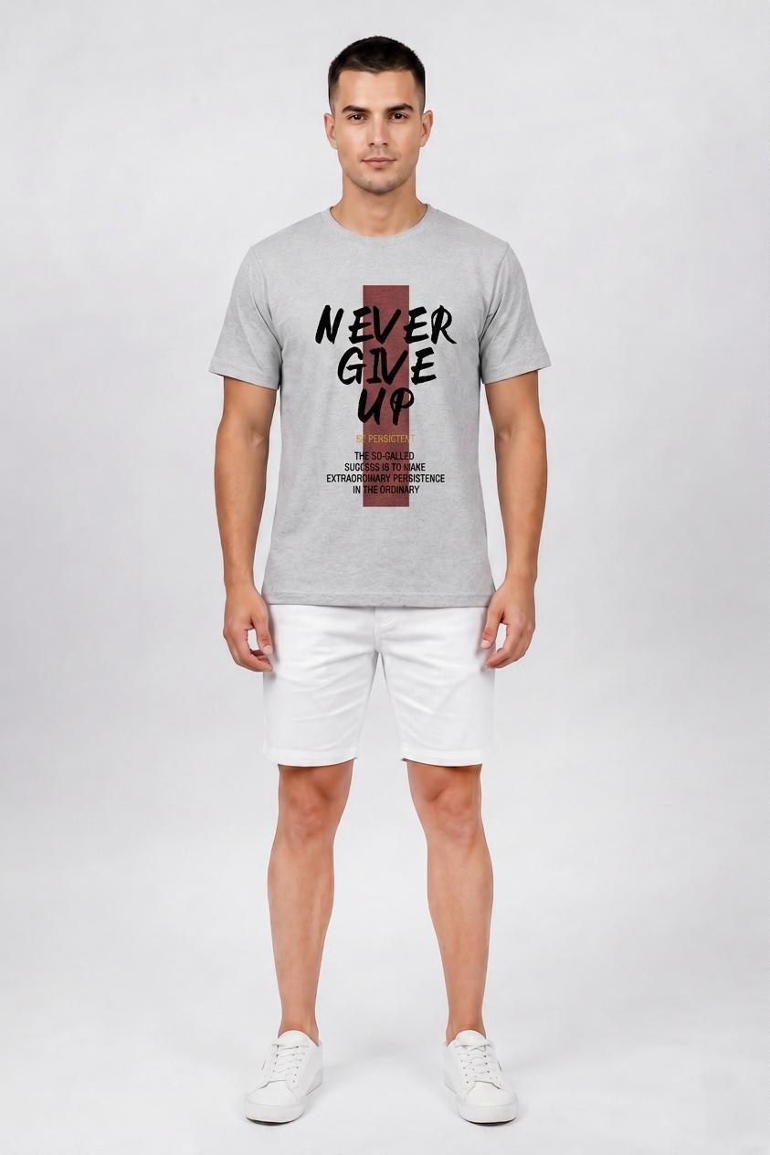 Attire Hub Mens Pure Cotton Grey Neva Give Up Printed Round T-Shirt