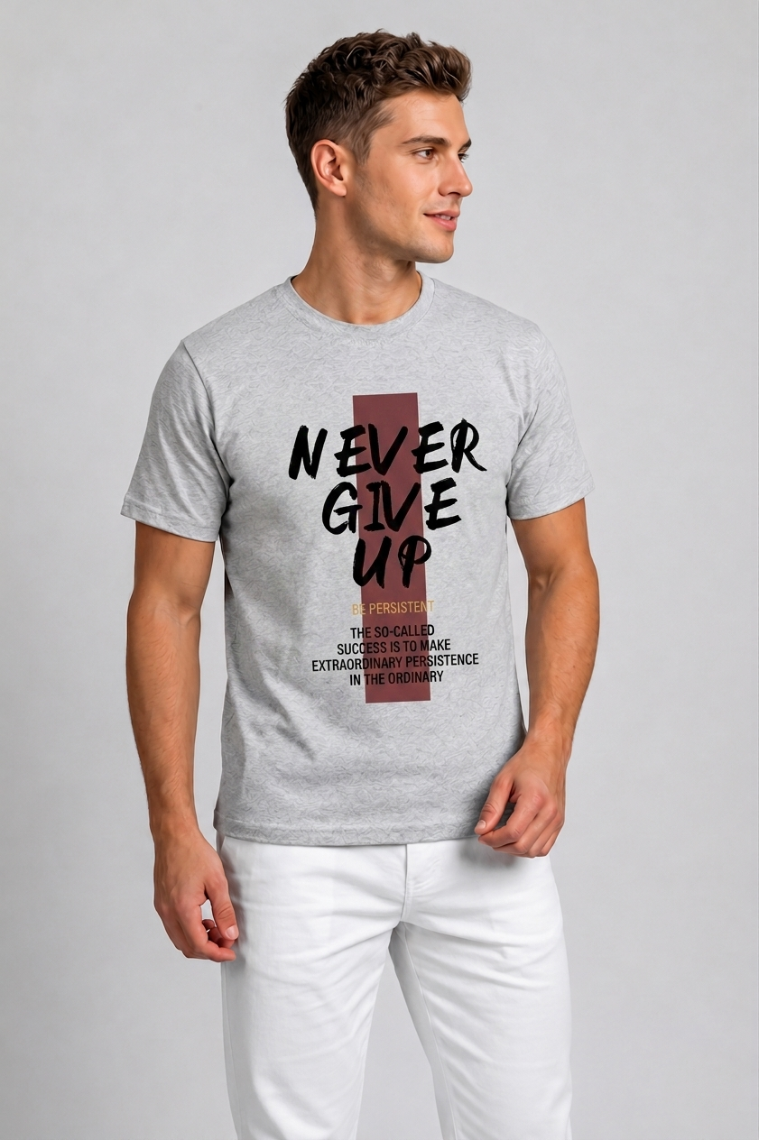 Attire Hub Mens Pure Cotton Grey Neva Give Up Printed Round T-Shirt